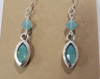 Navette Silver-Plated Bezel * Swarovski Pacific Blue Opal Crystals * Sterling Silver Ear Wires