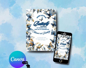 May include: A birthday invitation and a smartphone displaying the same design. The invitation features a butterfly theme with blue and gold butterflies, text that reads "Our Little Butterfly" and "Hanna's 1st Birthday". The smartphone shows the same design.