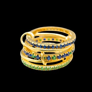 18k Gold Filled Multi Link Connected Ring - Chunky Interlocking Emerald Ring, Eternity Statement 925 Silver Ring, Promise Ring For Her