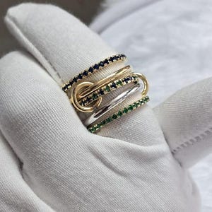 18k Gold Filled Emerald & Diamond Multi Link Connected Ring Chunky Interlocking Ring Eternity Statement 925 Silver Ring Promise Ring For Her