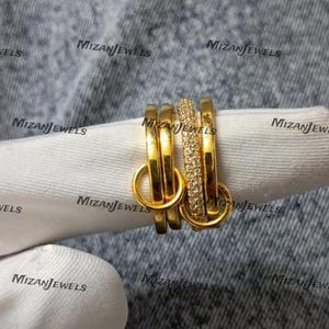 18k Gold Filled White Diamond Multi Link Connected Ring Chunky Interlocking Ring, Eternity Statement 925 Silver Ring Promise Ring For Her