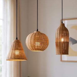 Rattan lampshade bell pendant light woven chandelier wicker ceiling lighting bamboo hanging lamp decorative dining room