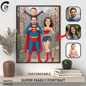 Personalisiertes Superhelden-Familienporträt, benutzerdefinierte digitale Comic-Illustration, einzigartiges Geschenk für Eltern, Kinder und Paare, digitales Cartoon-Porträt