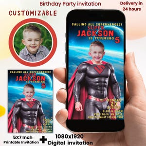 Customizable superheroes birthday invitation with photo,face swap invitation,superman invitation card,superhero party invitation card