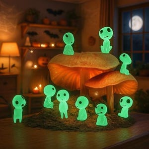 10pcs Glow-in-the-Dark Tree Spirit Mini Figures – Luminous Kodama Garden Decor | Fairy Garden Accessories | Resin Plant Pot Ornaments
