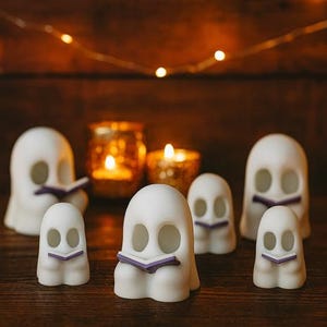 Spooky Reading Ghost Figurine – Halloween Book Lover Decor | Cute Plastic Ghost Ornament for Bookshelves | Desks & Gothic Gifts