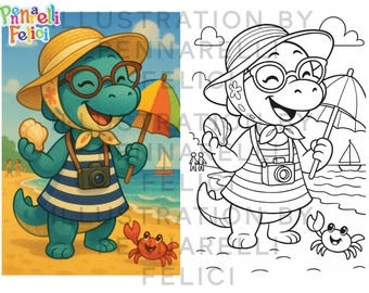 Grandma Dina Dinosaur Coloring Page | South of France Beach Printable | Kids Travel Adventure Coloring | Cute Dino Coloring Sheet