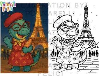 Cute Dinosaur in Paris Coloring Page - Eiffel Tower Printable - Kids Activity Sheet - Grandma Dina Travel Adventure Coloring