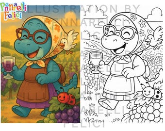 Grandma Dina Dinosaur Coloring Page | Vineyard Grapes Printable | Kids Travel Adventure Coloring | Cute Dino Coloring Sheet