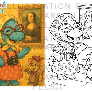 May include: A colorful illustration featuring a dinosaur and a mouse in front of a painting. The dinosaur, wearing glasses and a camera, is dressed in a polka-dot dress and headscarf. The mouse wears a beret. The painting is of the Mona Lisa.
