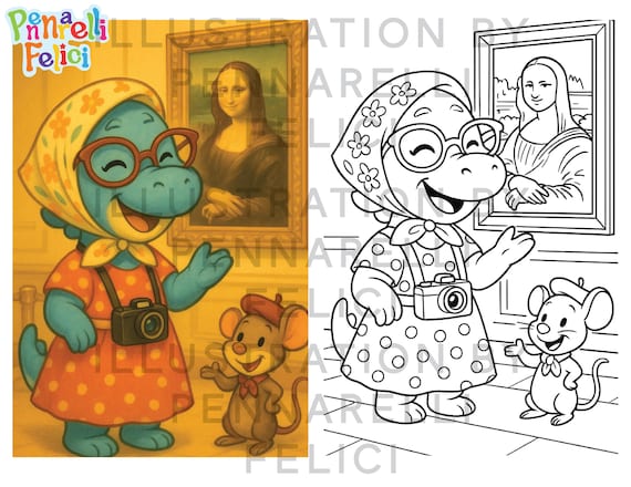 Nonna Dina Dinosaur Coloring Page | Mona Lisa Louvre Printable | Paris Art Kids Activity | Fun Travel Coloring Sheet