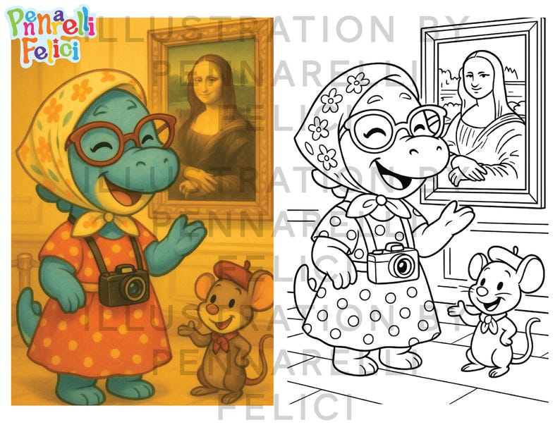 May include: A colorful illustration featuring a dinosaur and a mouse in front of a painting. The dinosaur, wearing glasses and a camera, is dressed in a polka-dot dress and headscarf. The mouse wears a beret. The painting is of the Mona Lisa.