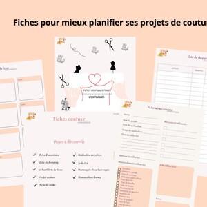 May include: A set of sewing project planning sheets with the text "Fiches pour mieux planifier ses projets de couture". The sheets include inventory, shopping list, and project planning templates. The image has a peach background with a brown circle that says "12 pages".