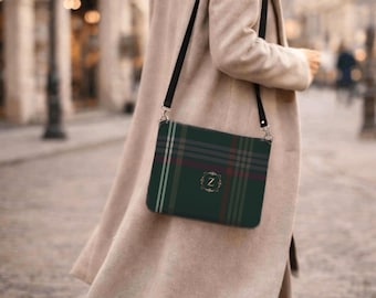 Personalized Tartan Crossbody Bag Monogram Vegan Leather Classic Everyday Shoulder Bag Gift for Her