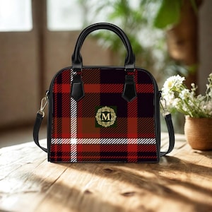 Red Checkered Tartan Crossbody Purse Personalized Monogram Plaid Handbag Faux-Leather Gift for Her