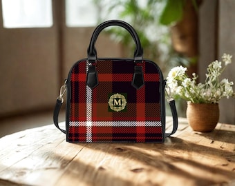 Red Checkered Tartan Crossbody Purse Personalized Monogram Plaid Handbag Faux-Leather Gift for Her