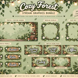 Może przedstawiać: Cyfrowy pakiet grafik do streamowania zatytułowany Cozy Forest, zawierający baner, nakładkę na kamerę internetową, okno czatu oraz różne panele z tekstem takim jak About, Contact, Donation, Rules, Schedule, Socials, Starting Soon, Be Right Back, Offline i Ending.