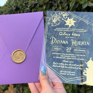 Rapunzel Quinceañera Invitation: Gold Foil Acrylic, Purple Envelope