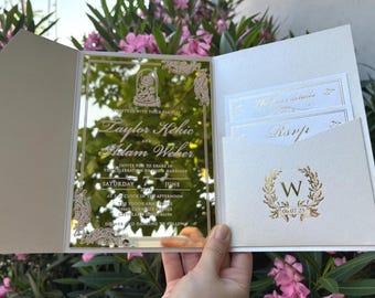 Gold gespiegelte Hochzeitseinladung, Elfenbein Perle Tasche Umschlag, Folien Details