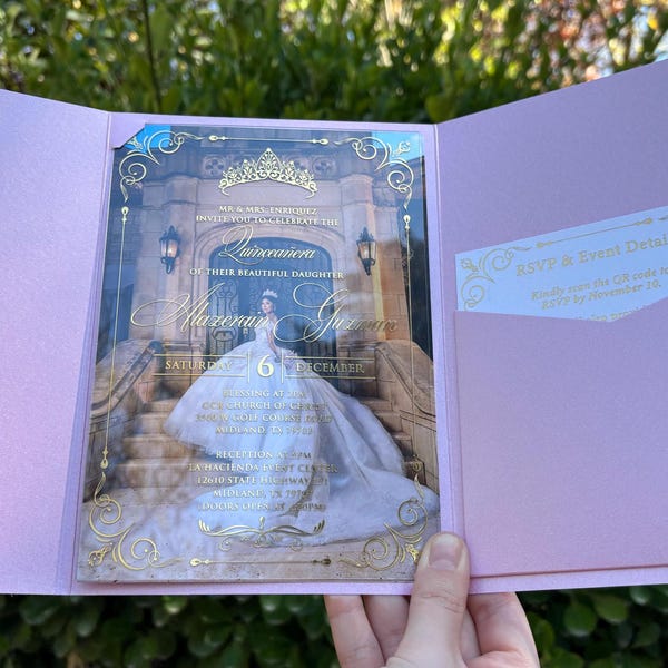 Quinceanera Einladung mit Foto, Quitte Anos, Sweet 16, Rosa Perlentaschenumschlag, Quinceaňera