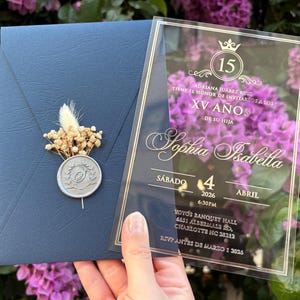 Acrylic Quinceañera Invitation, Silver Foil Print, Navy Blue Envelope