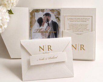 Wedding invitation with photo, ivory pearl pocket envelope set