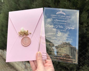 Zaproszenie na Quinceanerę z akrylu, nadruk z różowo-złotej folii, różowa koperta, 15 lat, słodkie 16 lat
