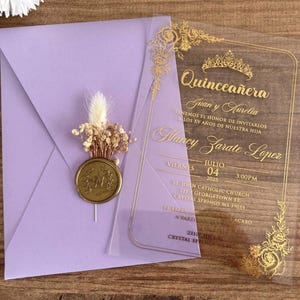 Acrylic Quinceanera Invitation, Sweet 16, Lilac Envelope, Wax Seal