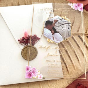 Clear Acrylic Wedding Invitation with Photo, Ivory Envelope, Gold Wax Seal