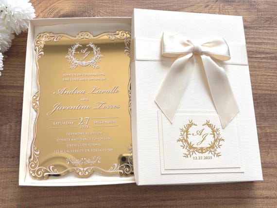 Gold Mirror Wedding Invitation, Ivory Box, Gold Foil Print & Bow