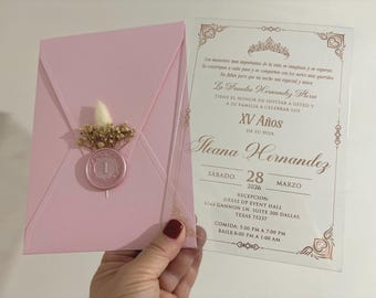 Quinceanera Invitation, Clear Acrylic, Rose Gold Foil, Pink Envelope, Dried Flowers