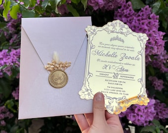 Gold gespiegelte Quinceaūra Einladung, Rosenperlen-Umschlag, Wachssiegel