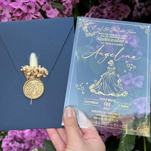 Acrylic Quinceañera Invitation, Navy Blue Envelope, Gold Foil Print