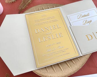 Gold gespiegelte Hochzeitseinladung, Ivory Pearl Tasche Umschlag & Foliendetails