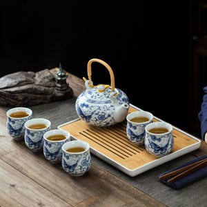 Japanese Ceramic Tea Set, Teapot With 6 Cups, Loose Leaf Teapot Tea Set, Asian Vintage Tea Set For Traditional Tea Brewing,Housewarming Gift