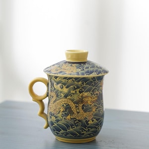 Vintage ceramic coffee cup, ceramic cup for home office, dragon pattern mug, cup with lid, unique ceramic cup gift, birthday gift