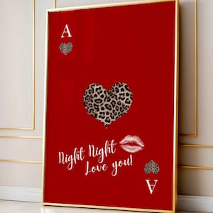 Night Night Love You Print Leopard Ace of Hearts Poster, Retro Lips Kiss Playing Card Wall Art, Aesthetic Print, Bedroom Decor Gift for her