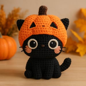 Op de afbeelding: Een handgemaakte zwarte gehaakte kat met een oranje pompoenhoed. De kat heeft grote witte ogen, roze wangen en zwarte snorharen. De pompoenhoed heeft een bruine steel en driehoekige uitsparingen.
