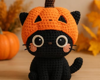 ハロウィンの黒猫の編み図 – あみぐるみPDFチュートリアル – 11cmの