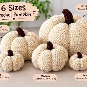 May include: Six sizes of cream-coloured crochet pumpkins with dark brown stems. Text labels indicate sizes: Mini (5 cm), Small (7 cm), Medium (10 cm), Large (12 cm), and Extra Large (15 cm). The pumpkins feature a ribbed, textured yarn construction.