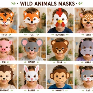 Máscaras de animales imprimibles, manualidades para fiestas infantiles con temática de safari en la jungla (plantilla PDF)