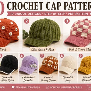 May include: A digital display titled 10 CROCHET CAP PATTERNS featuring ten distinct crocheted baseball caps in various colors and textures, including floral, checkered, ribbed, and solid designs, with labels for each style and a PDF pattern icon.