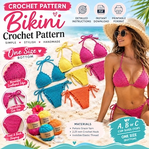 May include: A crochet bikini pattern featuring text and images of handmade two-piece swimsuits in pink, yellow, teal, and orange. The pattern includes detailed instructions, a 2.25 mm crochet hook, Patons Grace yarn, and adjustable side ties.