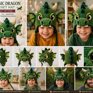 May include: A green crochet hat featuring a dragon design with two beige horns, large eyes, and small white teeth. The hat includes side flaps with braided ties. Text on the image reads: CLASSIC DRAGON CROCHET HAT, CROCHET PATTERN.