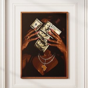 Black woman art print: melanin-rich figure with dollar bills covering her face, wearing a gold Africa pendant.