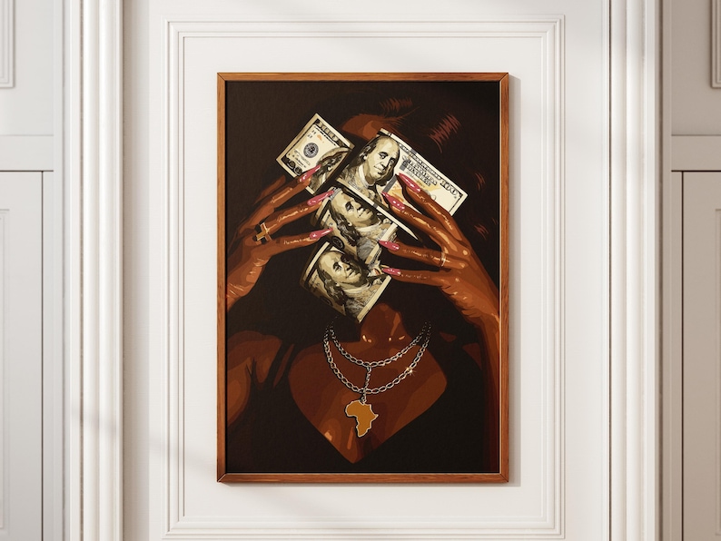Black woman art print: melanin-rich figure with dollar bills covering her face, wearing a gold Africa pendant.