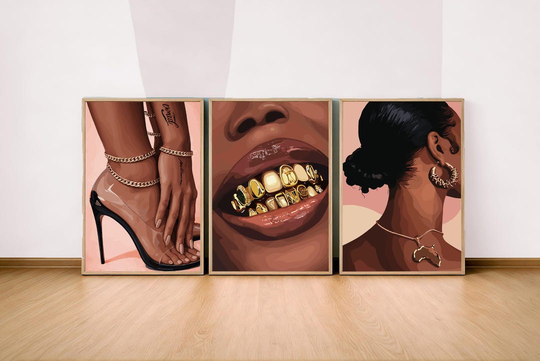 Black Woman Wall Art Set of 3, African American Gold Jewelry Print ...