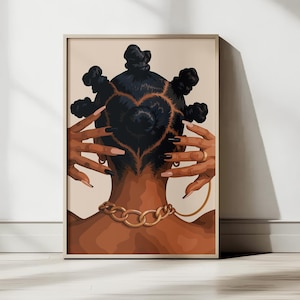 Black woman print of a Black woman with bantu knots, hands framing her head, and a gold chain against a peach backdrop.