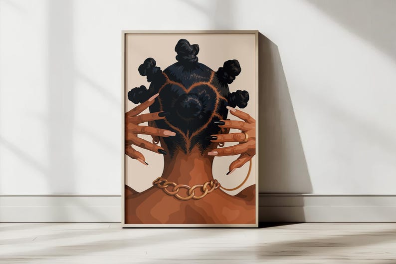 Black woman print of a Black woman with bantu knots, hands framing her head, and a gold chain against a peach backdrop.