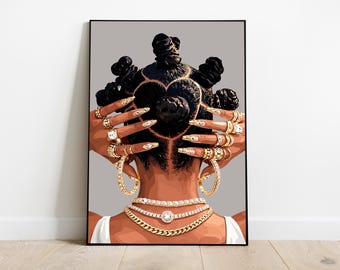 Black Woman Art, Modern Art, Black Woman Wall Art, Black Girl Wall Art, African wall art, Black girl art, Wall Art Digital, Bantu knots
